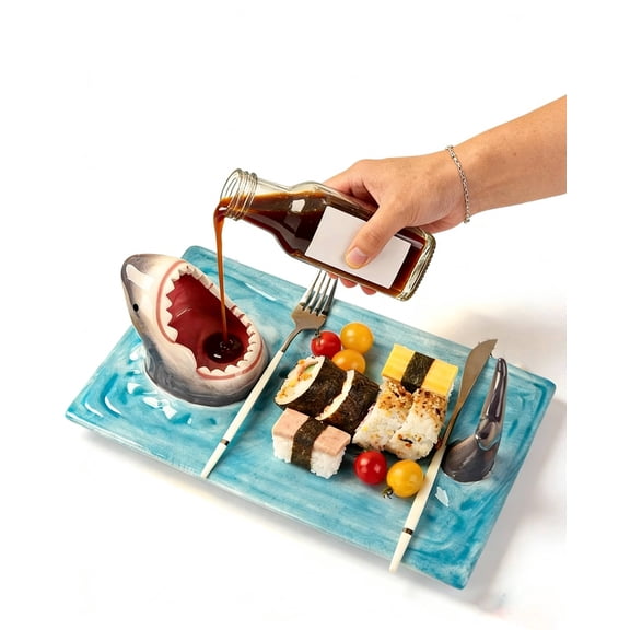 Shark Charcuterie Board Shark Sushi Plate Smart 3-in-1 Functionality with Spacious Plates, Sauce Bowls, and Chopstick Rests (Square)