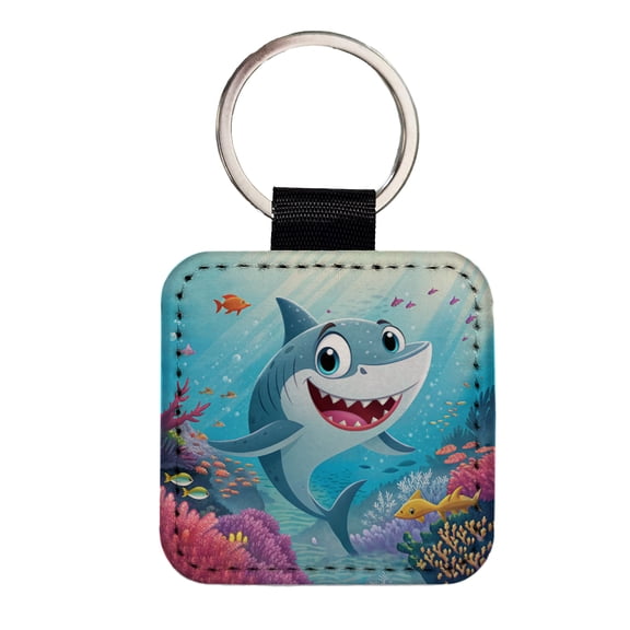 Shark Children's Illustration Style Faux Leather Square Keychain