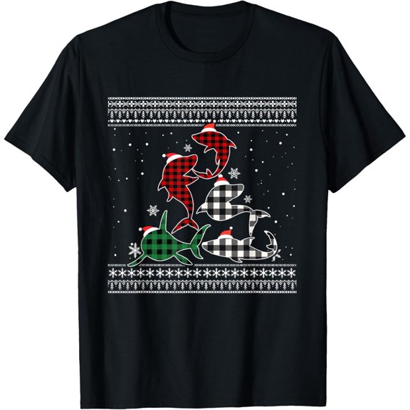 Shark Christmas Tree Buffalo Plaid Red White Green Xmas T-Shirt