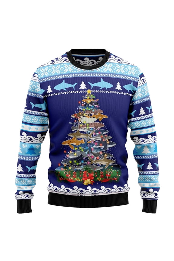 Shark Christmas Tree Ugly Christmas Sweater, Funny Ugly Xmas Shirt, Ocean Shark Tree Holiday Outfit, Novelty Blue Knit