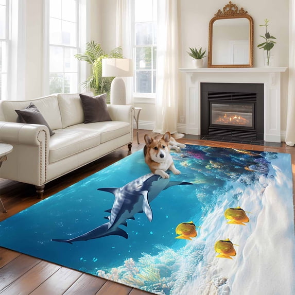 Shark Coastal Area Rug 5x8 FT, Non Slip Bedroom Throw Carpet, Summer Beach Coral Ocean Nautical Washable Soft Floor Carpet Non-Shedding Rug for Living Room Nursery Dorm Office