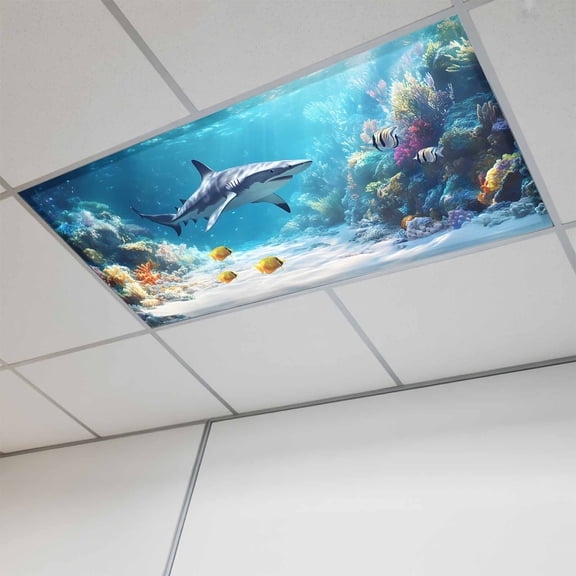 Shark Coastal Magnetic Fluorescent Light Covers for Ceiling Lights 2 x 4 Feet, Summer Beach Coral Ocean Nautical Office Classroom Kitchen Drop Ceiling Light Covers Lighting Filters Shade Panel 1 Pack