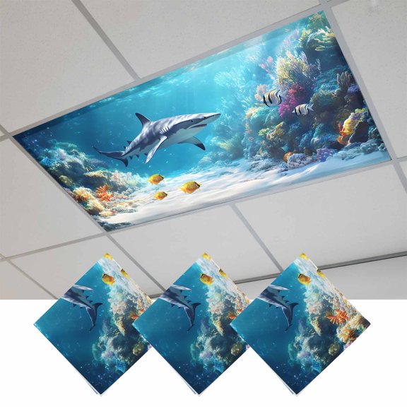 Shark Coastal Magnetic Fluorescent Light Covers for Ceiling Lights 2x4 Feet, Summer Beach Coral Ocean Nautical Office Classroom Kitchen Drop Ceiling Light Covers Lighting Filters Shade Panel 3 Packs