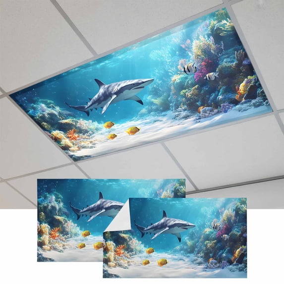 Shark Coastal Magnetic Fluorescent Light Covers for Ceiling Lights 2x4 Feet, Summer Beach Coral Ocean Nautical Office Classroom Kitchen Drop Ceiling Light Covers Lighting Filters Shade Panel 2 Packs