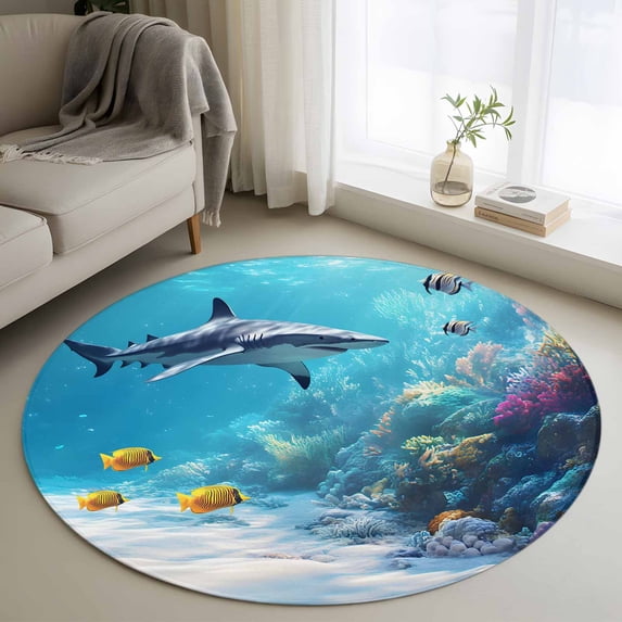 Shark Coastal Round Area Rug 3.3 FT, Non Slip Small Entryway Kitchen Mat, Summer Beach Coral Ocean Nautical Washable Soft Circular Rug Non-Shedding Door Mat for Bathroom Playroom Kids Room
