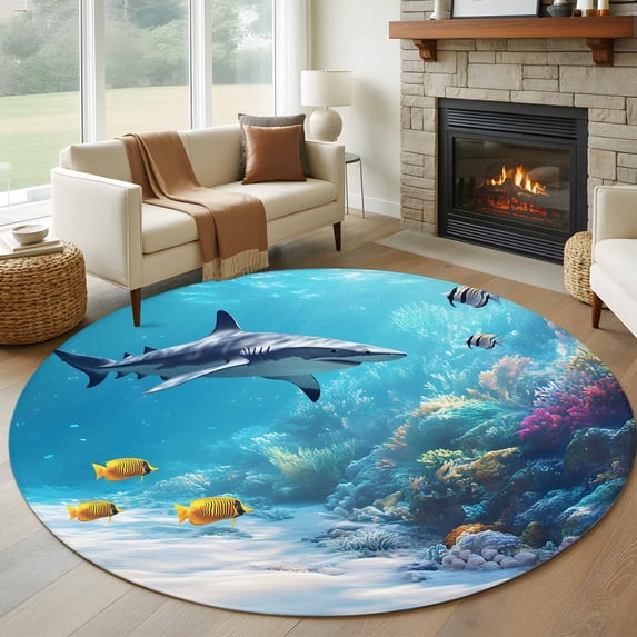Shark Coastal Round Area Rug 7 FT, Non Slip Living Room Area Carpet, Summer Beach Coral Ocean Nautical Washable Soft Circular Rug Non-Shedding Floor Carpet for Bedside Office Play Room Classroom