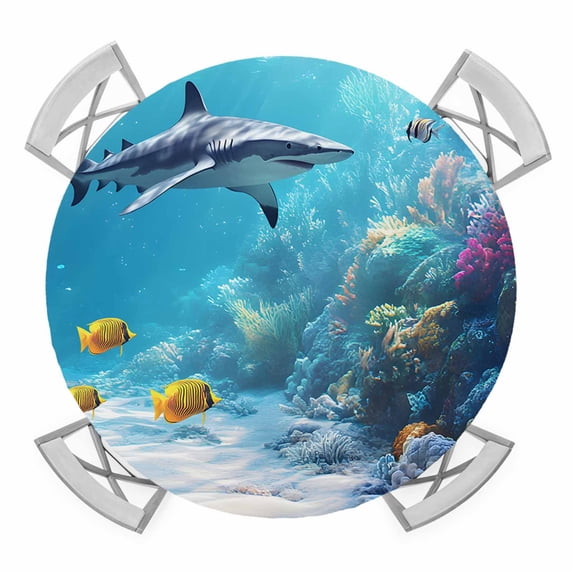 Shark Coastal Round Tablecloth for 36-44 Inch Tables, Fitted Table Cover with Elastic Edge, Summer Beach Coral Ocean Nautical Waterproof Outdoor Table Cloth Protector for Patio Garden Dinner Picnic