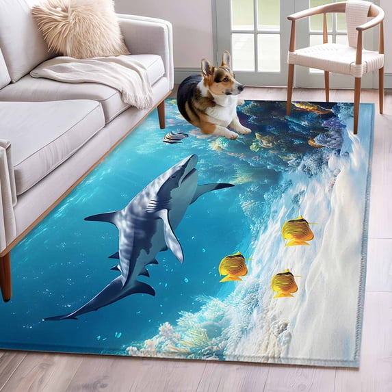 Shark Coastal Runner Rug 2.7x5 FT, Non Slip Entryway Carpet, Summer Beach Coral Ocean Nautical Washable Soft Floor Carpet Entrance Mat Non-Shedding Throw Rug for Hallway Laundry Room Bedside