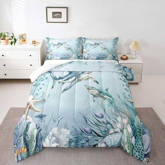 Shark Comforter Set Teal Blue Ocean Beach Coastal Twin Bedding Comforter Sets ,Starfish Octopus Tentacles Quilt Underwater Creature Coral Duvet Insert,Kawaii Fish Room Decor