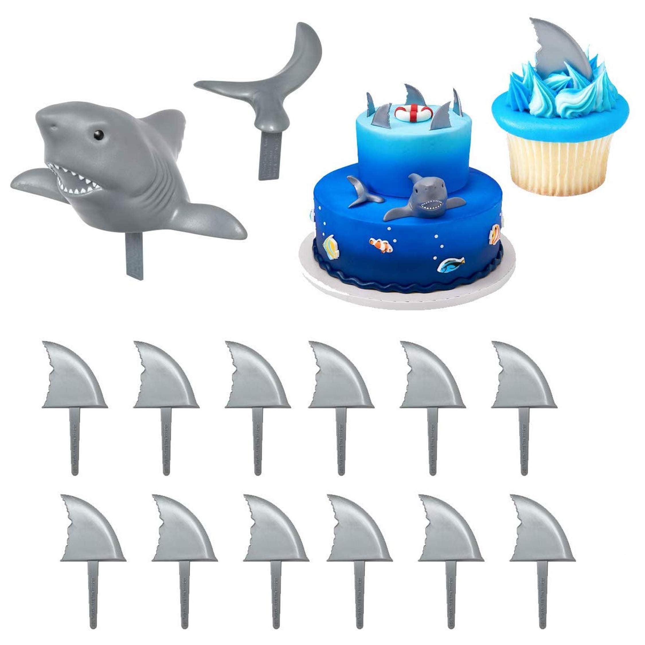 Shark Creations Cake Decorating Set - 2-Piece Shark Cake Topper and 24 Fin Cupcake Picks Customize Your Cakes with Imagination and Fun Perfect for All Occasions