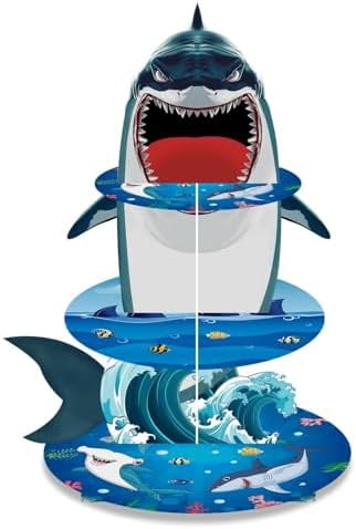 Shark Cupcake Stand Summer Ocean Birthday Party Decorations 3 Tiered Dessert Cake Table Displays Shark Birthday Baby Shower Party Decorations$$Home Decor, Kitchen, & Other