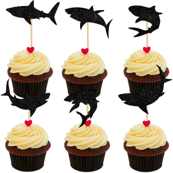 Shark Cupcake Topper for Creature Shark Theme Party Favors Decorations Men Women Kids Happy Birthday Party Decor Supplies set 10pcs Black Glitter