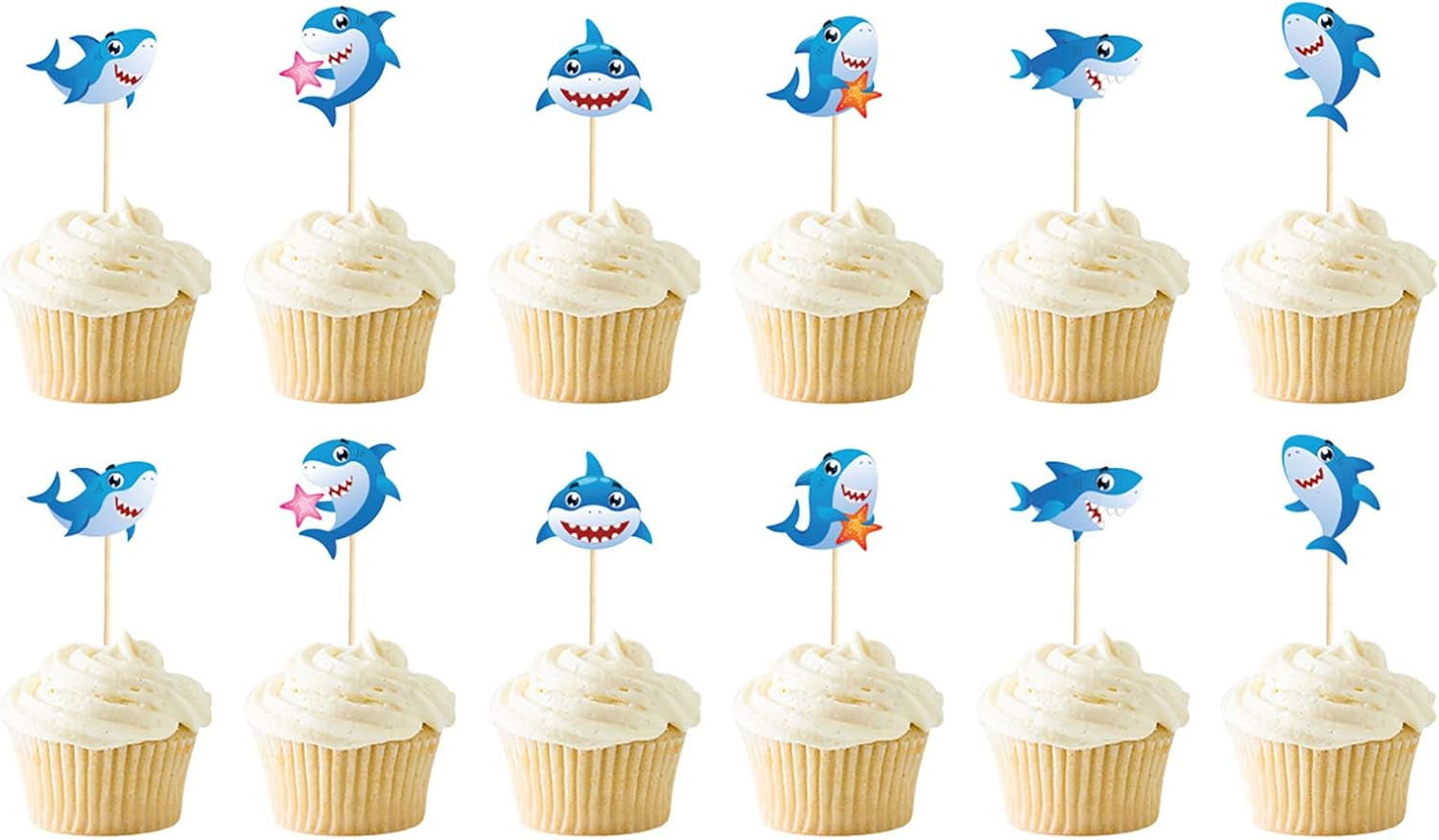 Shark Cupcake Toppers, 12Pcs birthday Party Decorations, Ocean Theme Baby Shower Supplies, Shark Shape Cupcake Decor for Kids (Blue)