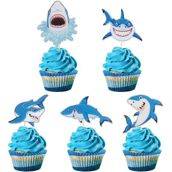 Shark Cupcake Toppers 30pcs Shark Cake Picks Ocean Sea Cupcake Topper Shark Cupcake Cake Decorations for Kids Shark Ocean Theme Birthday Baby Shower Party