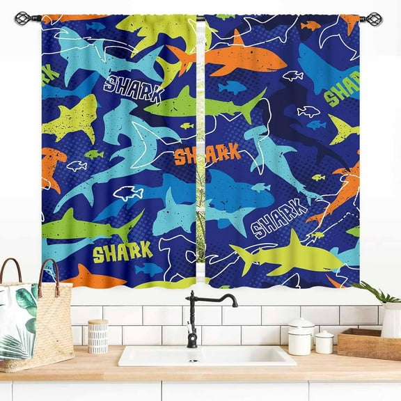 Shark Curtains, Underwater Fish Ocean Animals Shark Fish Sea World Marine Navy Blue Window Drapery Treatments for Kids Boys Girl Baby Bedroom Living Room Nursery 2 Panels, 27.5x36 Inch