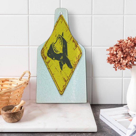 Shark Cutting Board, Caution Shark Sign Sharp Teeth Animal Ocean Danger Do Not Swim Illustration, Tempered Glass Cutting and Serving Board, Wine Bottle Shape, Earth Yellow Grey, by Ambesonne