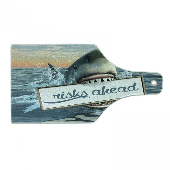 Shark Cutting Board, Dangerous Big Fish Holding Risks Ahead Lettering Plaque with Sharp Teeth in Ocean, Decorative Tempered Glass Cutting and Serving Board, in 3 Sizes, by Ambesonne