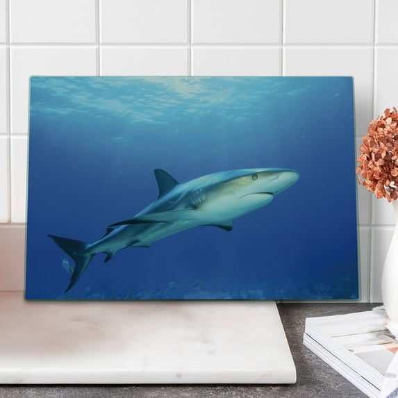 Shark Cutting Board, Fish in the Exotic Ocean Dreamy Water with Surreal Color Underwater World Image, Decorative Tempered Glass Cutting and Serving Board, Large Size, Violet Blue Grey, by Ambesonne