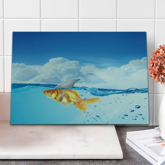 Shark Cutting Board, Goldfish Mammal Fin on Top of the Water Fake Comical Humorous Nature Image, Decorative Tempered Glass Cutting and Serving Board, Large Size, Blue Orange, by Ambesonne