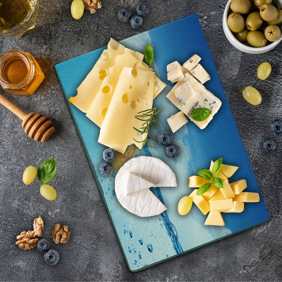 Shark Cutting Board, Goldfish Mammal Fin on Top of the Water Fake Comical Humorous Nature Image, Decorative Tempered Glass Cutting and Serving Board, Small Size, Blue Orange, by Ambesonne