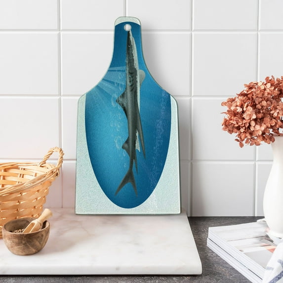 Shark Cutting Board, Shark in Sea with Sun Rays in Circle Aquatic Underwater Creature Predator Adventure, Tempered Glass Cutting and Serving Board, Wine Bottle Shape, Blue Grey, by Ambesonne