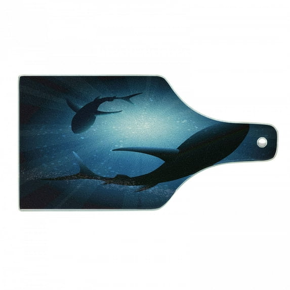 Shark Cutting Board, Silhouette of the Fishes Swimming at Twilight Night Moon Mystic Sea Scenery, Decorative Tempered Glass Cutting and Serving Board, Wine Bottle Shape, Dark Blue, by Ambesonne