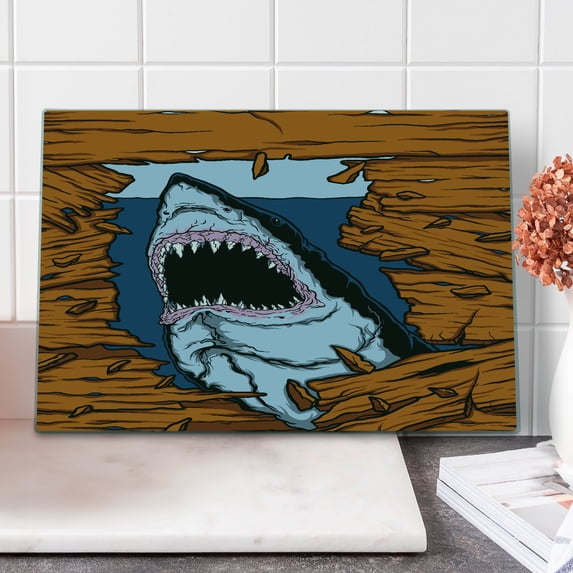 Shark Cutting Board, Wild Fish Breaking Wooden Plank Danger Sign Killer Creature Fun Illustration, Decorative Tempered Glass Cutting and Serving Board, Large Size, Ginger Dark Blue, by Ambesonne