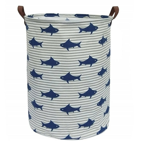 Shark Decor - Large Sized Storage Baskets with Handle, Collapsible & Convenient Home Organizer Containers for Kids Toys, Baby Clothing ( Round - Dark Blue Shark )
