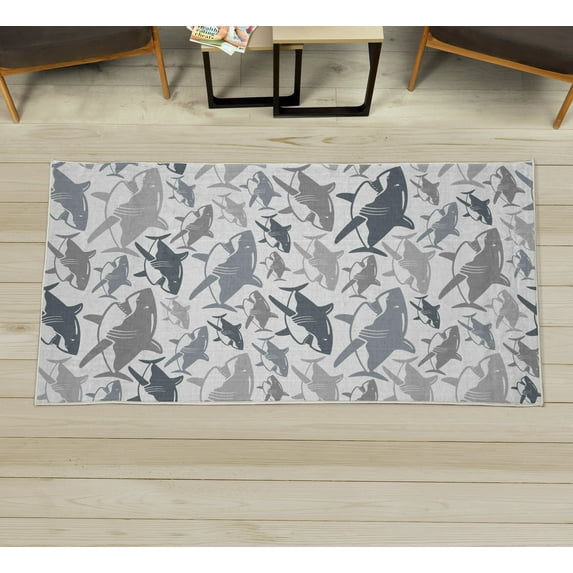 Shark Decorative Rug, Colorful Underwater Fish Pattern Masters Survival Predators Dangerous Nature, Quality Carpet for Bedroom Dorm and Living Room, 6 Sizes, Taupe Grey, by Ambesonne
