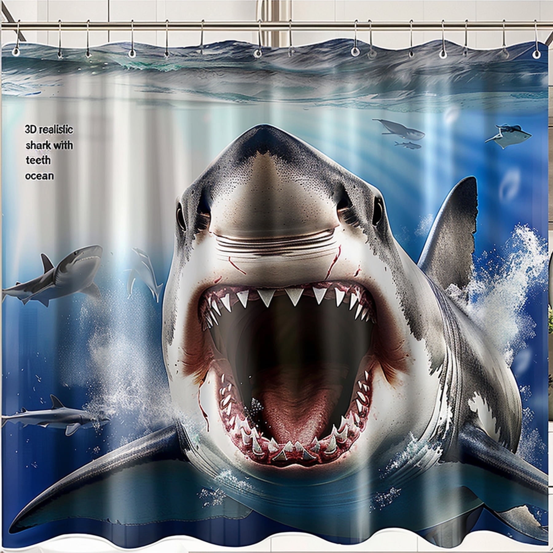 Shark Design Shower Curtain Realistic Ocean Theme with Angry Shark Big ...