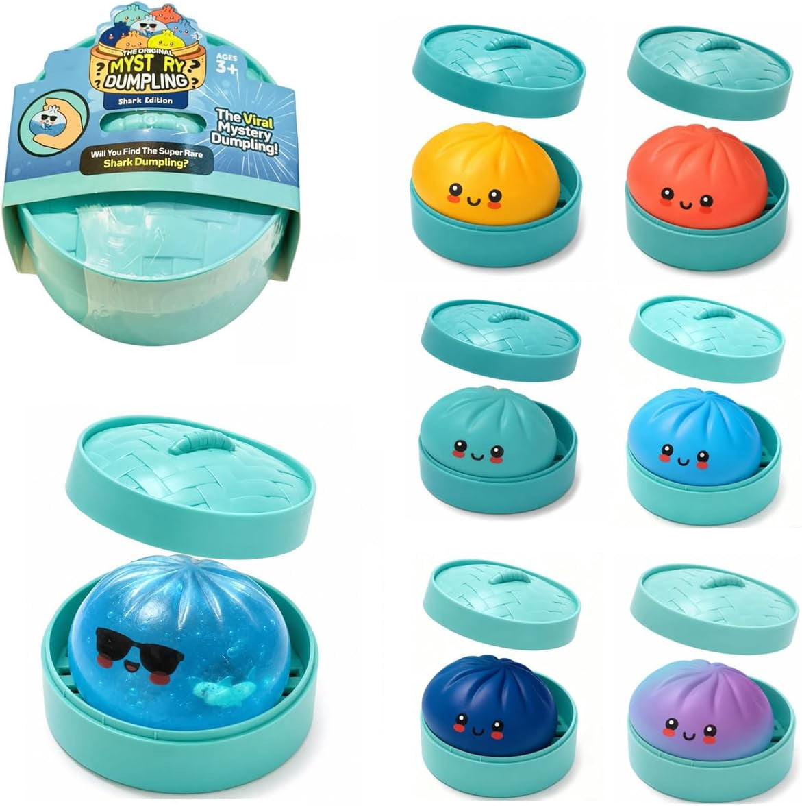 Shark Dumpling Squishy, Glitter Dumpling Squishy with Box, Colorful Dumplings Squeeze Balls Stress Relief Sensory for Holiday & Birthday Gifts (Random)