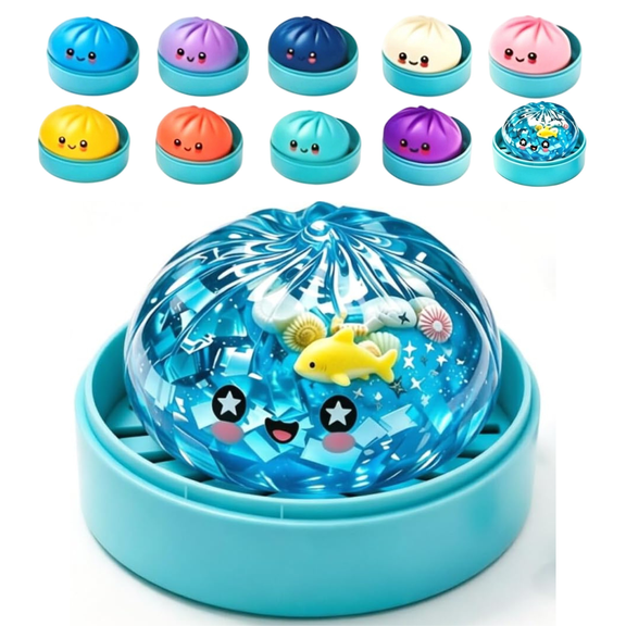 Shark Dumpling Squishy, Glitter Slow Rising TPR Squeeze Toy, Mini Steamer Mystery Blind Box Stress Relief Sensory Fidget Gift for Kids Adults (1pcs-Random)