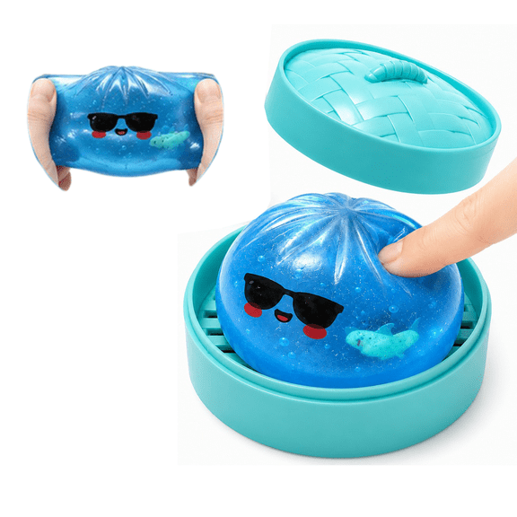 Shark Dumpling Squishy with Steamer Box, Super Stretchy Glitter TPR Stress Relief Squeeze Toy, Bun Shaped Stress Ball with Inner Shark Figure, Portable Sensory Fidget Toy, Novelty Holiday Gifts A-1PC