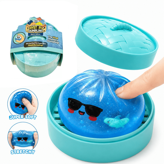 Shark Dumpling Squishy Toy, Stretchy Glitter Blue Squeeze Ball, Soft Stress Relief Fidget Toy for Party Favors Desktop Decor Holiday Gifts