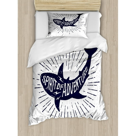 Shark Duvet Cover Set, of Adventure Words over a Fish Body Wildlife Grunge Design, Decorative 2 Piece Bedding Set with 1 Pillow Shams, Twin Size, Indigo Pearl, by Ambesonne