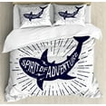 thumbnail image 1 of Shark Duvet Cover Set, of Adventure Words over a Fish Body Wildlife Grunge Design, Decorative 3 Piece Bedding Set with 2 Pillow Shams, King Size, Indigo Pearl, by Ambesonne, 1 of 3