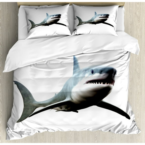 Shark Duvet Cover Set, Digital Illustration of Wild Sea Creature Character Computer Art Artifical Image, Decorative 3 Piece Bedding Set with 2 Pillow Shams, Calking Size, Blue Grey White, by Ambesonne