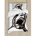 thumbnail image 1 of Shark Duvet Cover Set, Digital Sketch of Wild Fish with Open Mouth Power King of the Ocean Illustration, Decorative 2 Piece Bedding Set with 1 Pillow Shams, Twin Size, Dark Grey White, by Ambesonne, 1 of 3