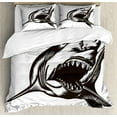 thumbnail image 1 of Shark Duvet Cover Set, Digital Sketch of Wild Fish with Open Mouth Power King of the Ocean Illustration, Decorative 3 Piece Bedding Set with 2 Pillow Shams, King Size, Dark Grey White, by Ambesonne, 1 of 3