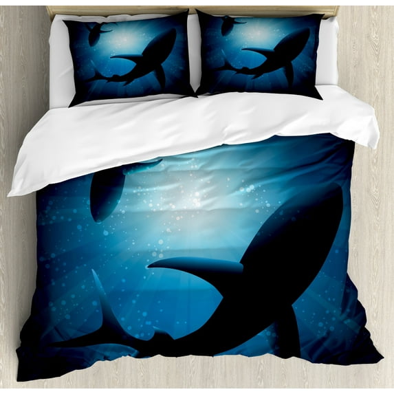 Shark Duvet Cover Set King Size, Silhouette of the Fishes Swimming at Twilight Night Moon Mystic Magical Sea Scenery, Decorative 3 Piece Bedding Set with 2 Pillow Shams, Dark Blue, by Ambesonne