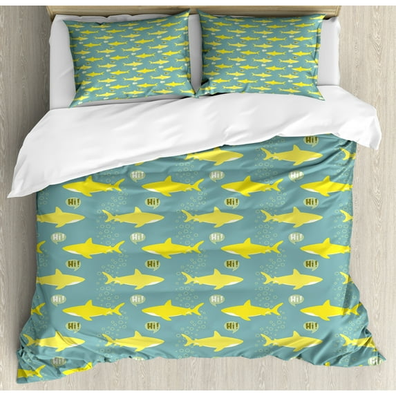 Shark Duvet Cover Set King Size, Yellow Silhouettes Saying Hi Great Fish with Friendly Representation, Decorative 3 Piece Bedding Set with 2 Pillow Shams, Yellow White Pale Sea Green, by Ambesonne