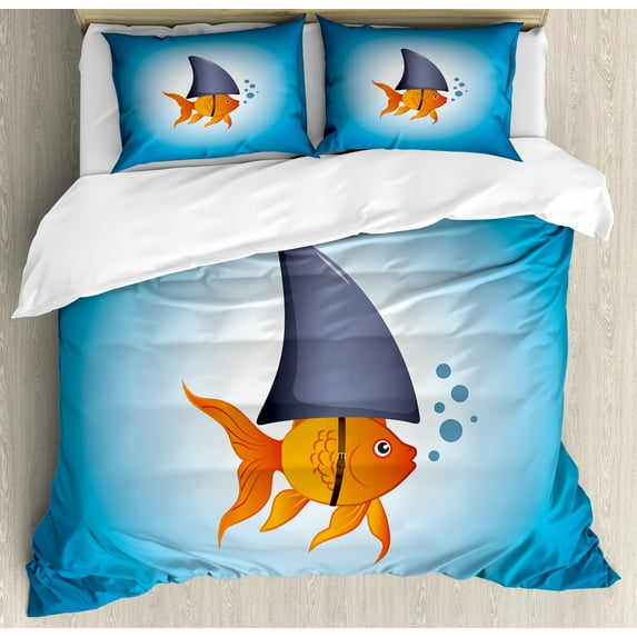 Shark Duvet Cover Set, Little Goldfish Wearing a Shark Fin to Scare Predators Success Concept, Decorative 3 Piece Bedding Set with 2 Pillow Shams, King Size, Violet Blue Grey Orange, by Ambesonne