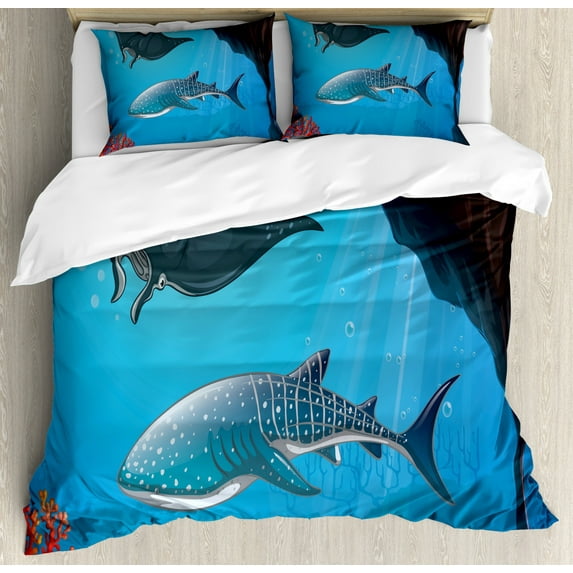 Shark Duvet Cover Set Queen Size, Shark Deep Water Stingray with Coral Reefs Algae Rocky Cave Exotic Cartoon Style Art, Decorative 3 Piece Bedding Set with 2 Pillow Shams, Blue Grey, by Ambesonne