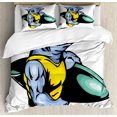 thumbnail image 1 of Shark Duvet Cover Set Queen Size, Grumpy Surfer Shark with Muscled Body Exotic Sports Mascot Cartoon, Decorative 3 Piece Bedding Set with 2 Pillow Shams, Pale Blue Yellow Jade Green, by Ambesonne, 1 of 3