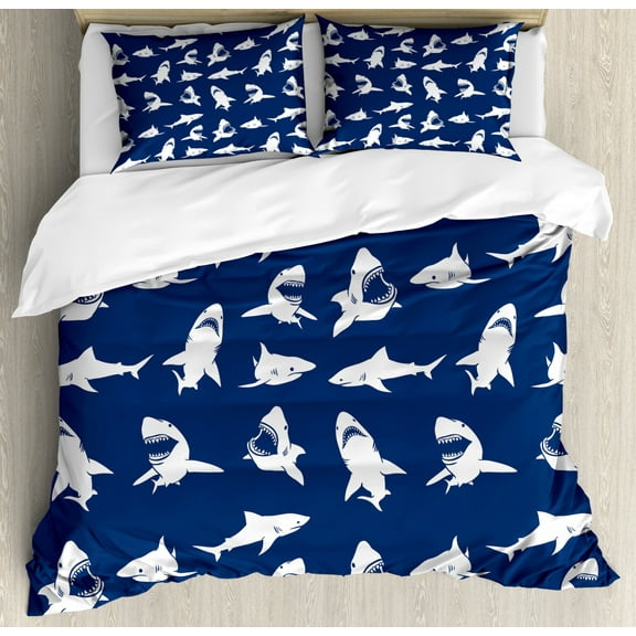 Shark Duvet Cover Set Queen Size, Shark Pattern with Various Gestures Have A Bite Danger Humor Nautical Design, Decorative 3 Piece Bedding Set with 2 Pillow Shams, Violet Blue White, by Ambesonne