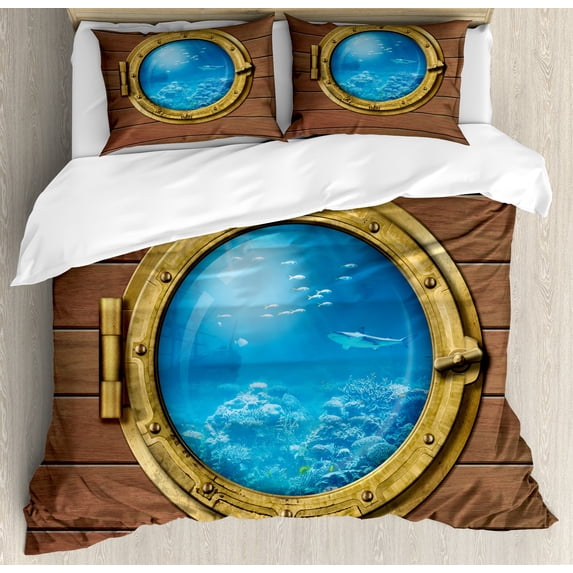 Shark Duvet Cover Set, Submarine Chamber Window with a View of Coral Reef Swimming Fishes, Decorative 3 Piece Bedding Set with 2 Pillow Shams, King Size, Pale Caramel Blue Yellow, by Ambesonne