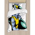 thumbnail image 1 of Shark Duvet Cover Set Twin Size, Grumpy Surfer Shark with Muscled Body Exotic Sports Mascot Cartoon, Decorative 2 Piece Bedding Set with 1 Pillow Sham, Pale Blue Yellow Jade Green, by Ambesonne, 1 of 3