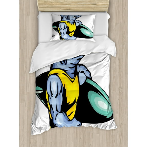 Shark Duvet Cover Set Twin Size, Grumpy Surfer Shark with Muscled Body Exotic Sports Mascot Cartoon, Decorative 2 Piece Bedding Set with 1 Pillow Sham, Pale Blue Yellow Jade Green, by Ambesonne