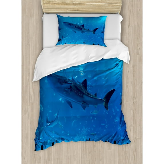 Shark Duvet Cover Set Twin Size, Japanese Aquarium Park with People Silhouettes Watching Underwater Life Hobby Image, Decorative 2 Piece Bedding Set with 1 Pillow Sham, Blue Black, by Ambesonne