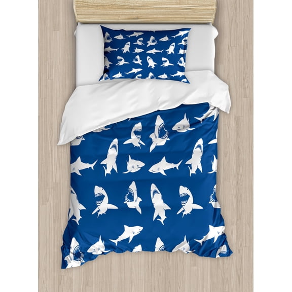 Shark Duvet Cover Set Twin Size, Shark Pattern with Various Gestures Have A Bite Danger Humor Nautical Design, Decorative 2 Piece Bedding Set with 1 Pillow Sham, Violet Blue White, by Ambesonne